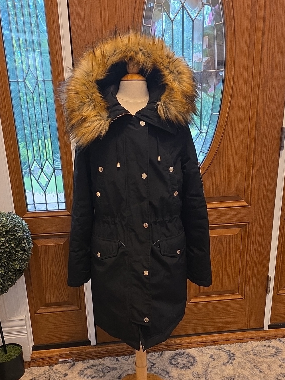 Michael Kors Black Puffer Parka with Faux Fur Trim Hood